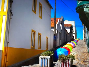 Multi colored flags on street by building against blue sky