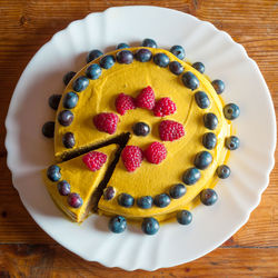 High angle view of cake in plate on table