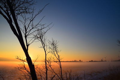 Silhouette of bare tree by lake against clear sky during sunset