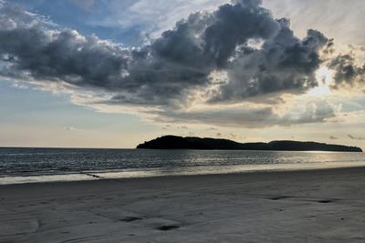 Scenic view of beach against sky during sunset