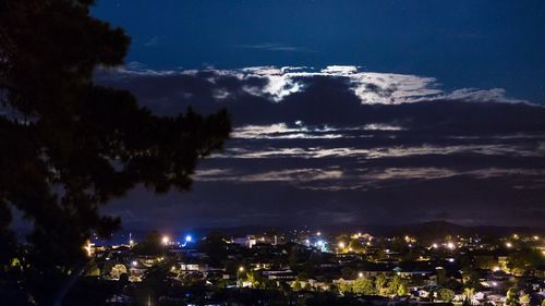 Aerial view of illuminated trees against sky at night