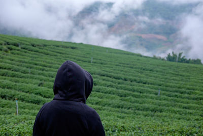 Rear view of man standing at agricultural field