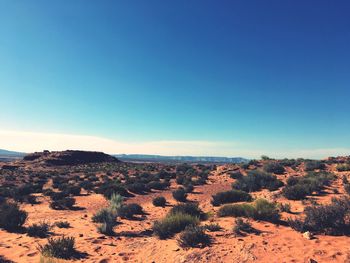 Scenic view of desert against clear blue sky