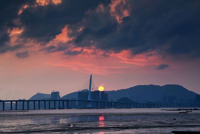 View of harbor at sunset