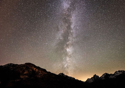 Scenic view of mountains against sky at night