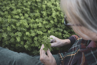 Midsection of woman holding hands by plants