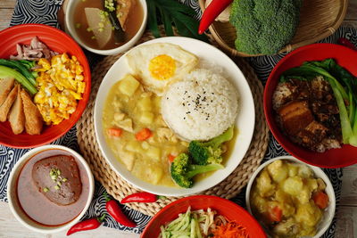 High angle view of meal served on table