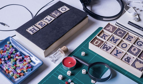 High angle view of various objects on table