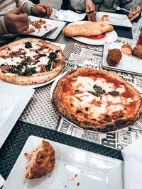 High angle view of pizza on table