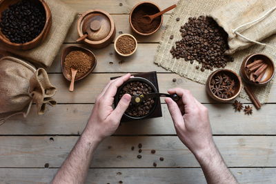 High angle view of person preparing food on table