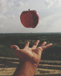 Close-up of hand catching apple against sky