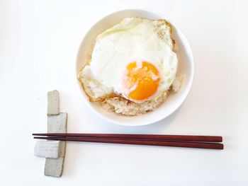 Directly above shot of breakfast on white background