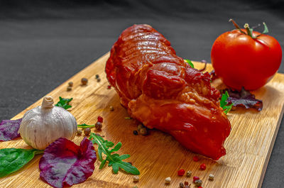 High angle view of seafood on cutting board