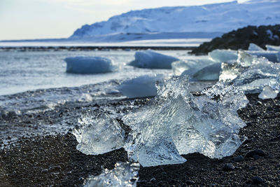 Ice blocks at glacier lagoon jokulsarlon in iceland, wintertime