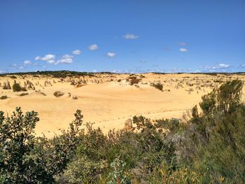 Scenic view of desert against blue sky