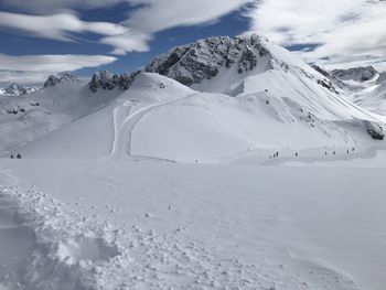 Scenic view of snowcapped mountains against sky in lech