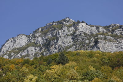 Low angle view of mountain against clear blue sky