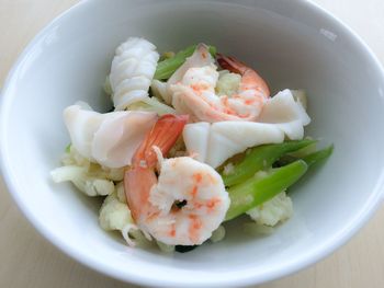 Close-up of shrimps served in bowl on table
