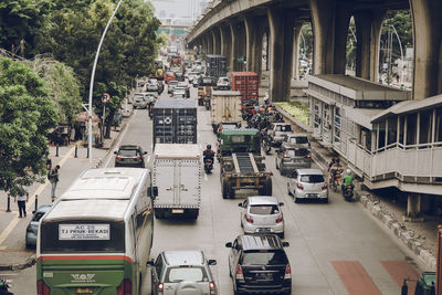 High angle view of traffic on road in city