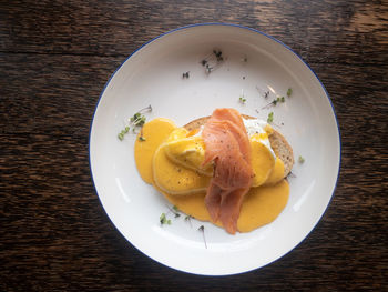 High angle view of breakfast served on table