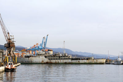 Ship in sea against clear sky. ship called galeb at port of rijeka