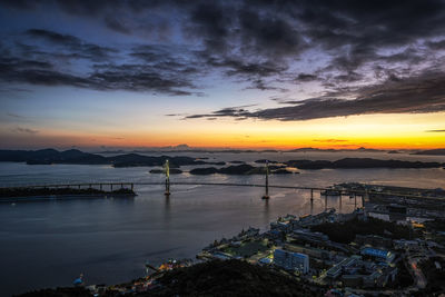 High angle view of sea and buildings against sky at sunset