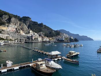 High angle view of boats in sea against clear blue sky