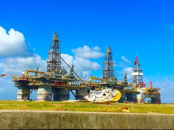 Beached oil platform and ship after hurricane harvey in port arkansas, tx