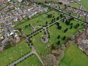 High angle view of agricultural field in city