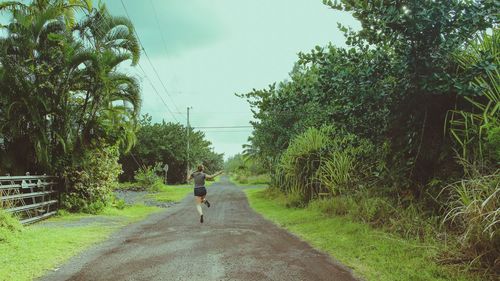 Man walking on road amidst trees against sky