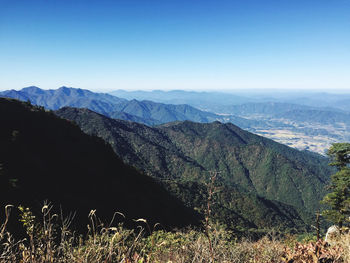 Scenic view of mountains against clear blue sky