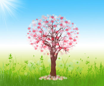 Digital composite image of pink flower tree on field against sky