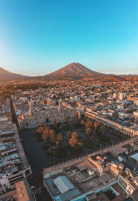 Aerial view arequipa main square and historical centre with el misti volcano in the background. 