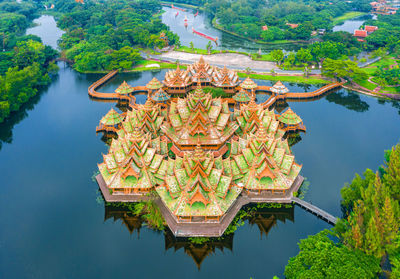 Aerial view the pavilion of the enlightenment in ancient city samut prakan of thailand