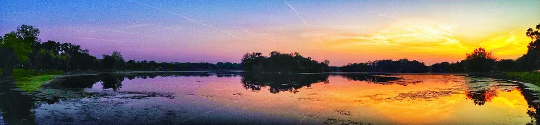 Reflection of trees in water at sunset