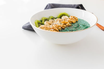 High angle view of salad in bowl on table