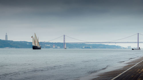 View of suspension bridge over sea