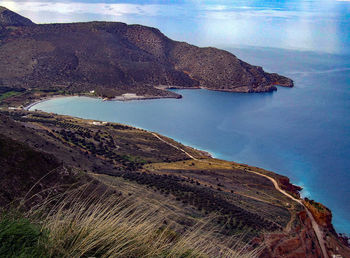High angle view of bay against sky