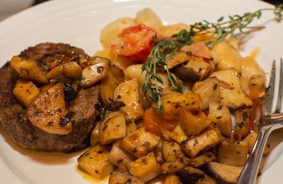 High angle view of food in plate on table