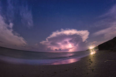 Fish-eye view of sea against sky at night