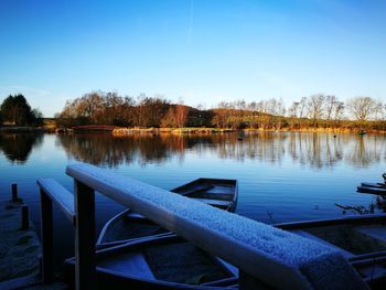 Scenic view of lake against clear blue sky