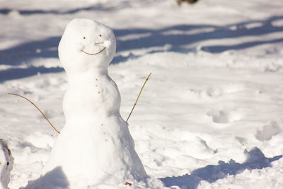 Close-up of snowman on snow covered land