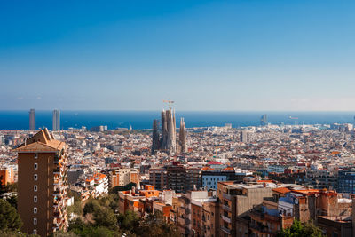 High angle view of townscape against clear sky