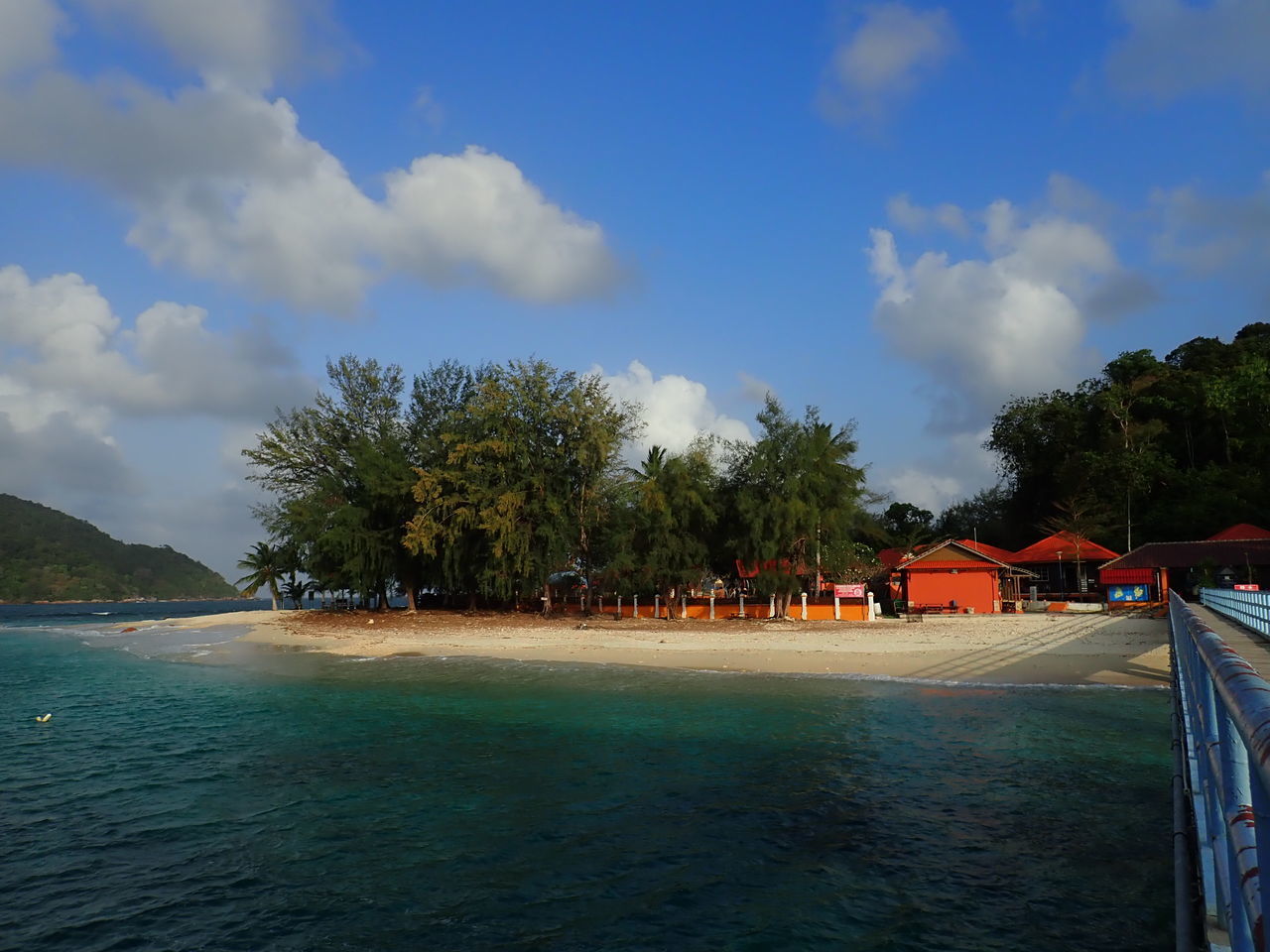 TREES BY SWIMMING POOL AGAINST SKY AND SEA