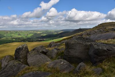 Scenic view of rocks on field against sky