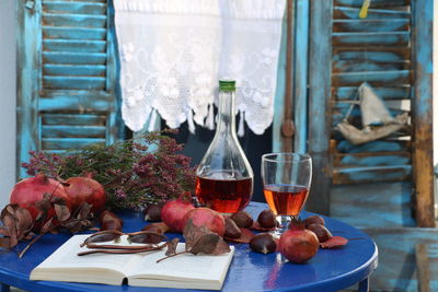 People in glass bottles on table