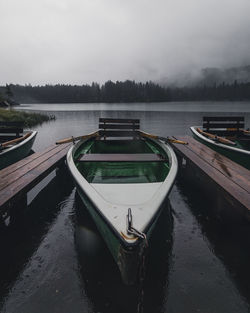 Boats moored in lake against sky during rainy season