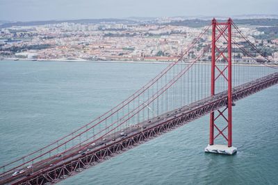 High angle view of april 25th bridge over tagus river