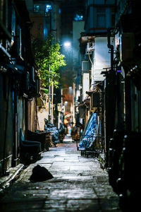 Narrow alley amidst buildings in city at night