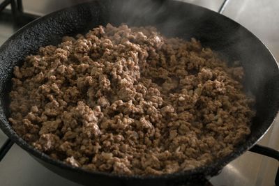 High angle view of bread in cooking pan